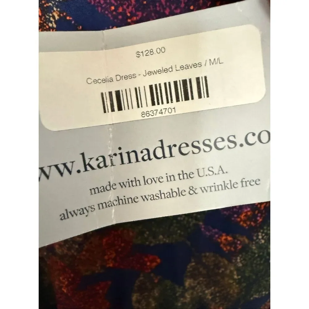 Karina Navy Jeweled Leaves Cecilia Dress M/L Made in USA Fit and Flare Midi NWT - Picture 3 of 4